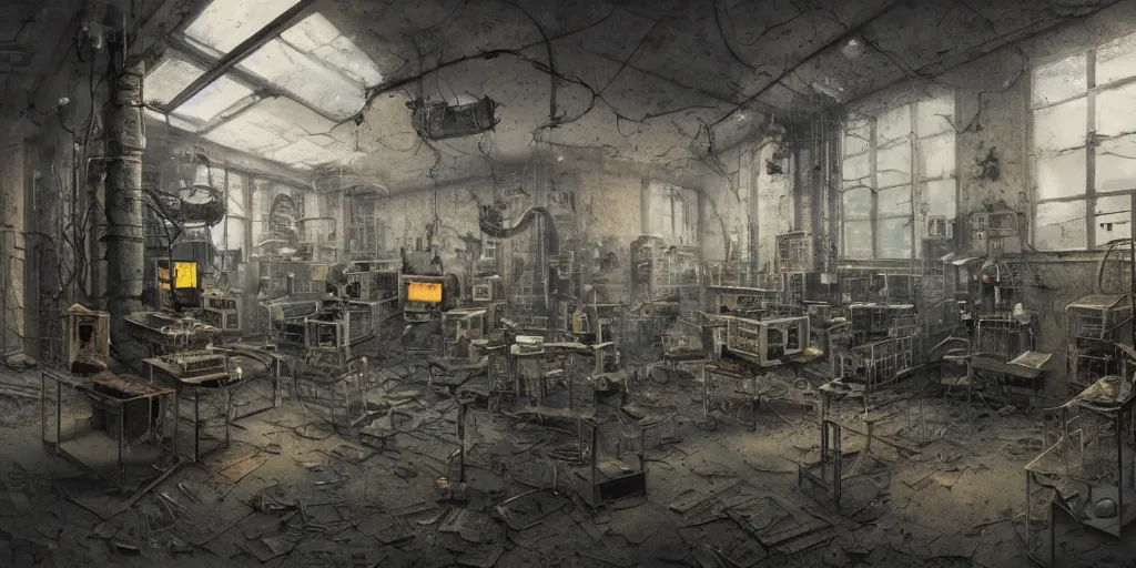 Image similar to abandoned laboratory with vacuum tube computers, early xx century technology, dark atmosphere, intricate, elegant, highly detailed, urban decay, digital painting, artstation, concept art, smooth, sharp focus, octane render, dramatic lighting, volumetric lighting, cinematic lighting, art by zdislav beksinski and hans giger