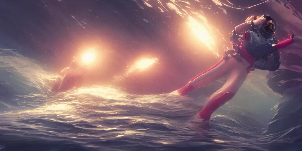 Prompt: woman astronaut underwater in the ocean at night, volumetric lighting, glowing lights, 4k, octane, digital painting, artstation, concept art, sharp focus, illustration, art by artgerm and greg rutkowski and alphonse mucha