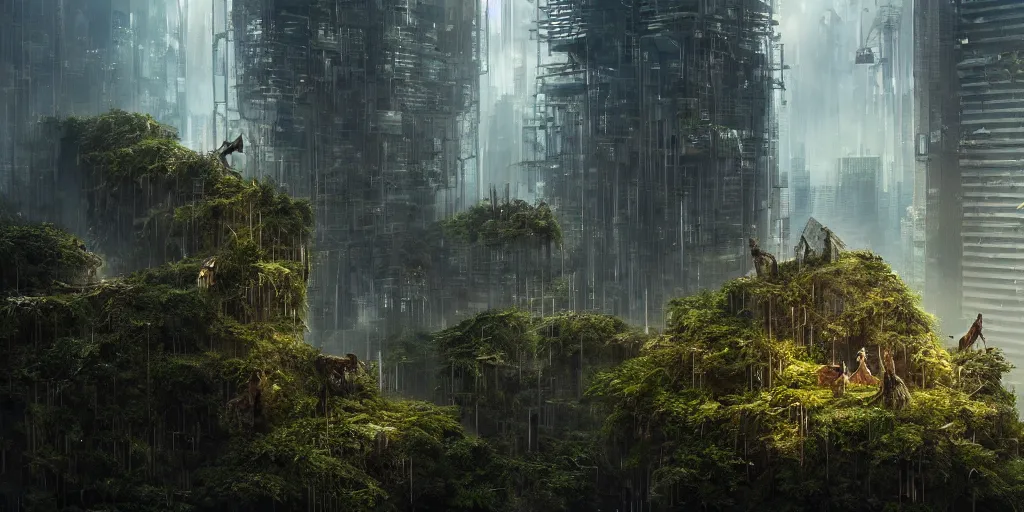 Prompt: abandoned skyscraper covered in vegetation, pride of lions guarding the building, cyberpunk, dystopian future, cinematic lighting, beautiful render, jessica rossier, greg rutkowski, brian froud, intense detail, cinematic pov, amazing lighting, photorealistic illustration, highly detailed, 8 k resolution,