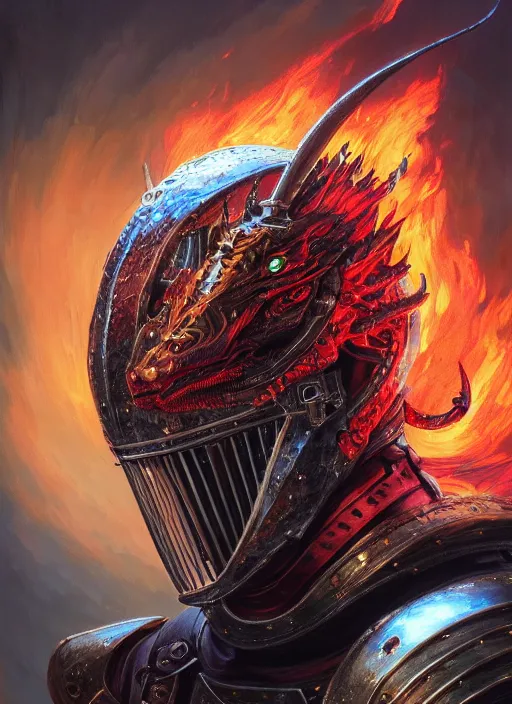 Prompt: highly detailed portrait of knight's helmet reflecting red dragon reflection detailed, 8 k blocking flames fire, green eyes, fantasy art by by simon bisley, loish, rhads, ferdinand knab, makoto shinkai and lois van baarle, ilya kuvshinov, rossdraws, tom bagshaw, global illumination, radiant light, detailed and intricate environment