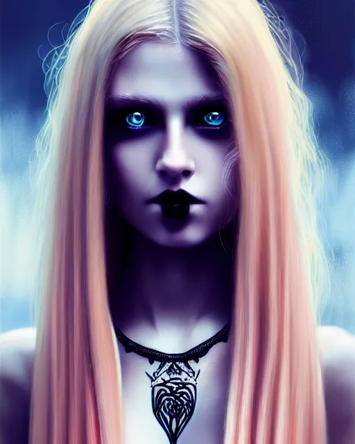 Prompt: ultra realist and ultra intricate detailed soft painting of a beautiful young girl, thin lustrous long blond hair shaved on one side, symmetry features, glowing blue eyes, rose in hair, gothic necklace, sensual gloomy style, volumetric clouds, urban background, military, assault rifle, artstation, unreal render, depth of field