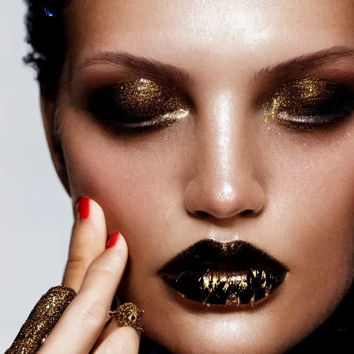 Prompt: close up of face of a fashion model with golden droplets on face in luxury dress, black background, official valentino editorial, highly detailed