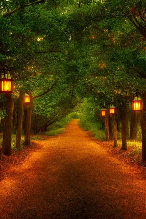 Image similar to a beautiful digital glossy clear sharp of a detailed summer day fantasy fireflies forest trees roots lanterns iron gate cobblestone pathway vines james gurney, 8 k resolution trending on artstation