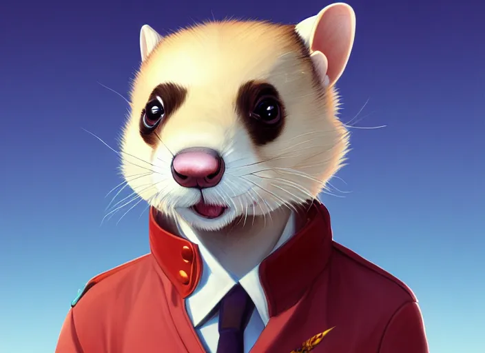 Prompt: character portrait feature of the anthro male anthropomorphic ferret fursona wearing airline pilot outfit uniform professional pilot character design stylized by charlie bowater, ross tran, artgerm, and makoto shinkai, detailed, soft lighting, rendered in octane, airport in background