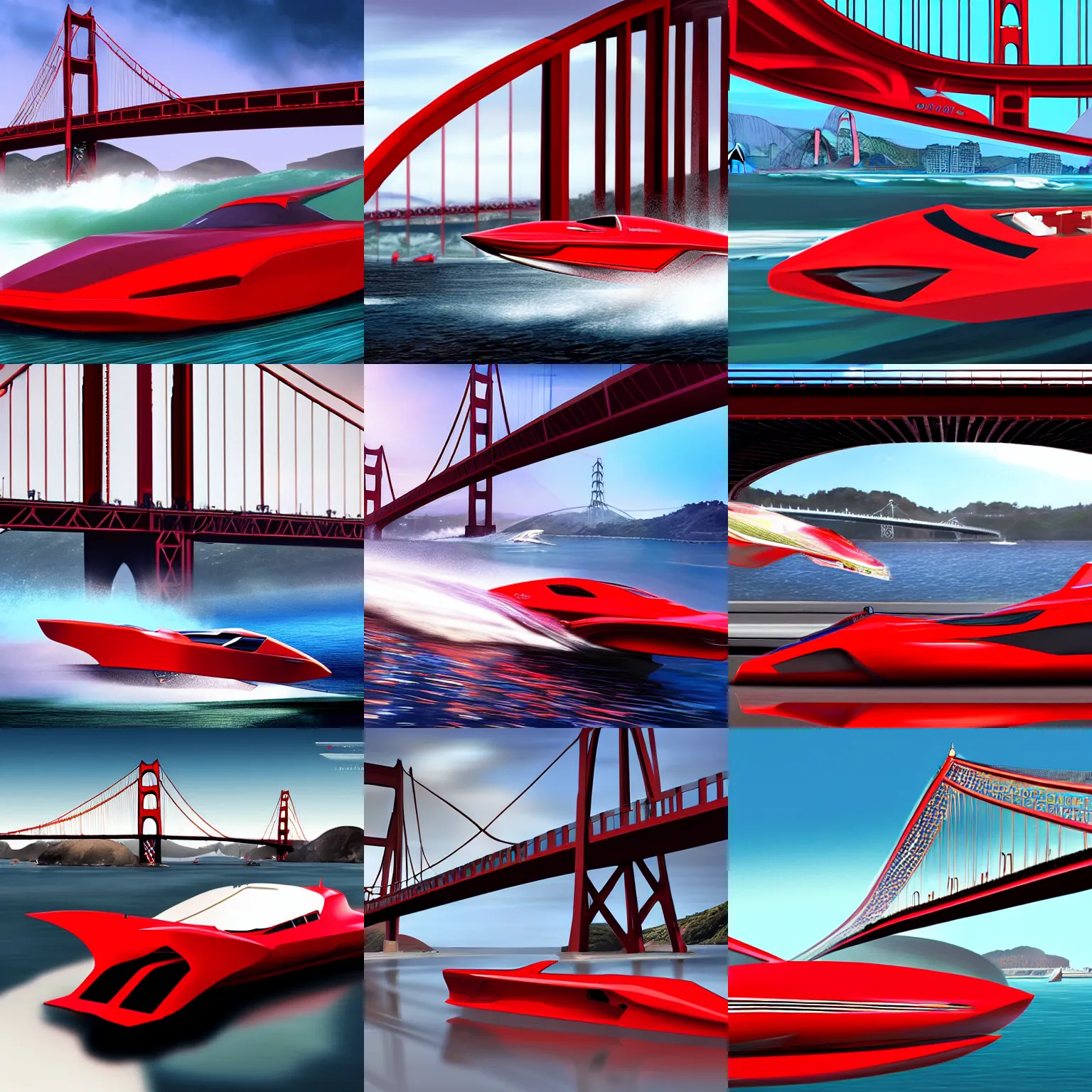Image similar to concpet art featuring a futuristic red racing speedboat designed in the style of ferrari at golden gate park. bridge in background. fine detail. surf. this 4 k hd image is trending on artstation, featured on behance, well - rendered, extra crisp, features intricate detail, epic composition and the style of unreal engine.
