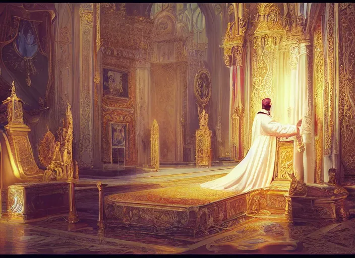 Prompt: kneeling before the pope, royal robe, gold trim, light effect, hyper detailed, intricate, atmospheric, elegant, photorealistic by paul lehr, marco mazzoni, featured on cgsociety, rococo, whimsical, artstation