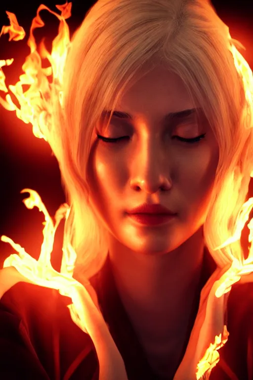 Image similar to young blonde woman playing with flames coming out of her eyes, cyberpunk, realistic, high definition, many details, dramatic scene, symmetrical face, realistic eyes, unreal engine art 5