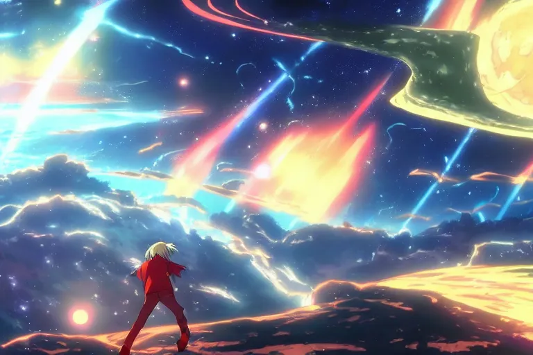 Image similar to tonemapped anime character!!! splitting a gas giant in half like parting the red sea, with pack of space whales fly through an interdimensional rift! in background by ( hiromu arakawa ), makoto shinkai and ( cain kuga )