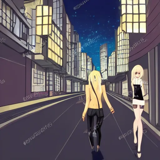 Image similar to a blonde woman with a ponytail wearing black clothes wanders through a city at night, anime