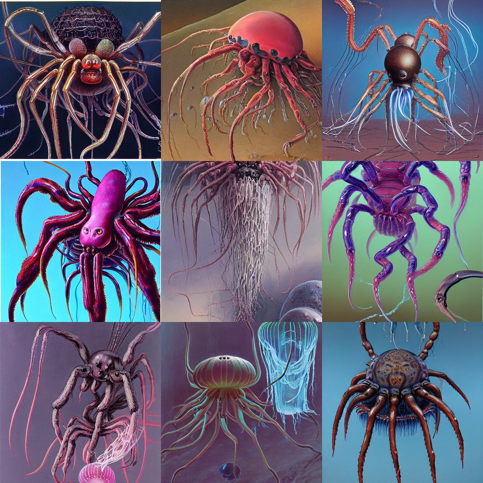 Prompt: painting of arachnid creature with jellyfish look by wayne barlowe