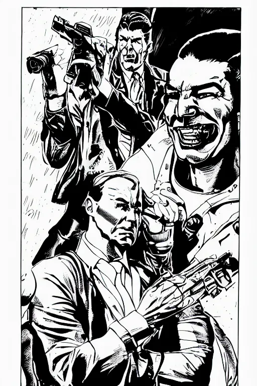 Image similar to ronald reagan, mid - shot, a page from cyberpunk 2 0 2 0, style of paolo parente, style of mike jackson, adam smasher, johnny silverhand, 1 9 9 0 s comic book style, white background, ink drawing, black and white, colouring pages