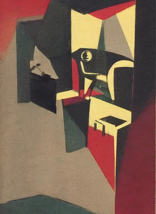 Prompt: 1920s art deco by Tito Corbella, moody, a lonely figure enshrouded in an abstract representation of their own bedroom, figurative art by Mark Tennant by Igor Scherbakov by Anthony Cudahy, vintage postcard illustration by Mitchell Hooks