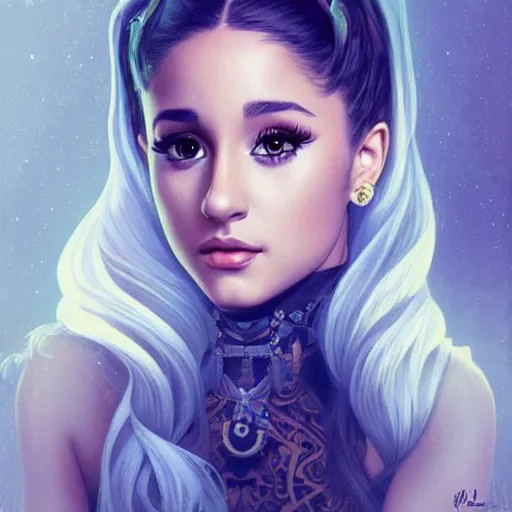 Image similar to Ariana Grande with a mustache, intricate, elegant, highly detailed, centered, digital painting, artstation, concept art, smooth, sharp focus, illustration, art by artgerm and H R Giger and alphonse mucha