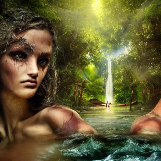 Prompt: greek gods, in forest, three eyed, wide wide shot, feet in water, colors, forehead eye, ground very detailed, wet eyes reflecting into eyes reflecting into infinity, beautiful lighting