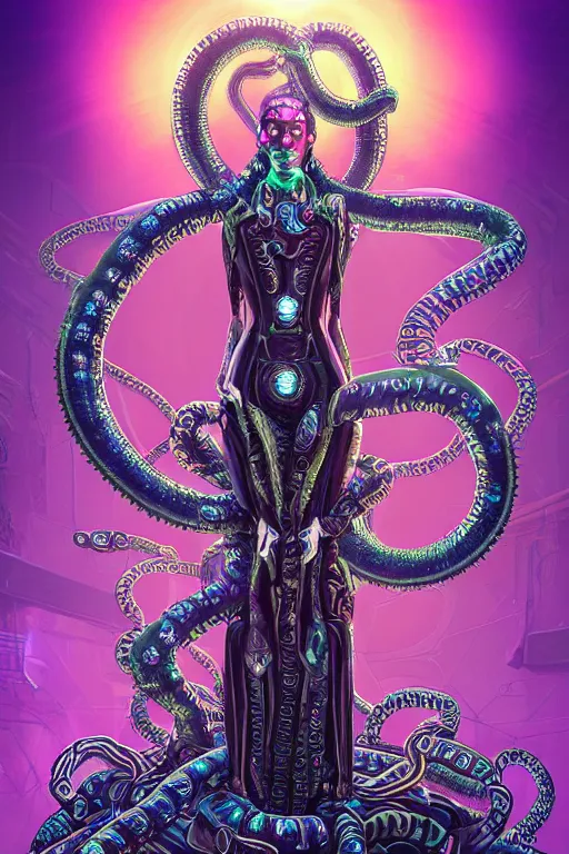 Image similar to Perfectly-centered hyperdetailed symmetrical cinematic surreal arthouse aetherpunk RPG professionally made portrait-illustration of a cyberpunk Medusa dressed in a lovecraftian dress with long ravepunk snakes as hair standing next to sinister otherworldly towers, bionic background, epic comic book cover style, 3D rim light, masterpiece, Gsociety, professional post-processing