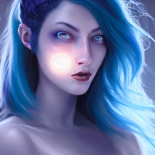 Image similar to perfectly - centered close - up face - portrait of blue - haired goddess with glowing - red - eyes, the perfect human female specimen, intricate, elegant, super highly detailed, professional digital painting, artstation, concept art, smooth, sharp focus, no blur, no dof, extreme illustration, unreal engine 5, 8 k, by anne stokes