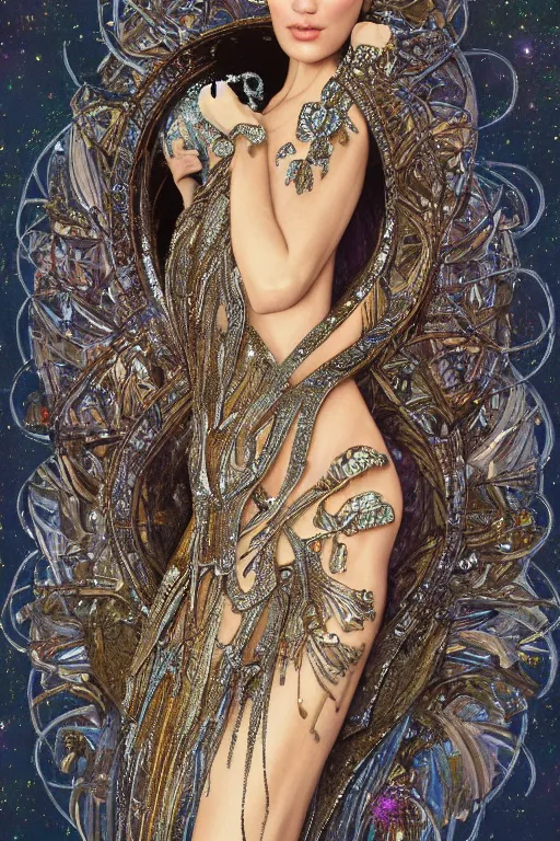 Image similar to a highly detailed portrait of a beautiful alien woman goddess bella hadid in iris van herpen dress in diamonds and fractals in style of alphonse mucha art nuvo gustav klimt trending on artstation made in unreal engine 4