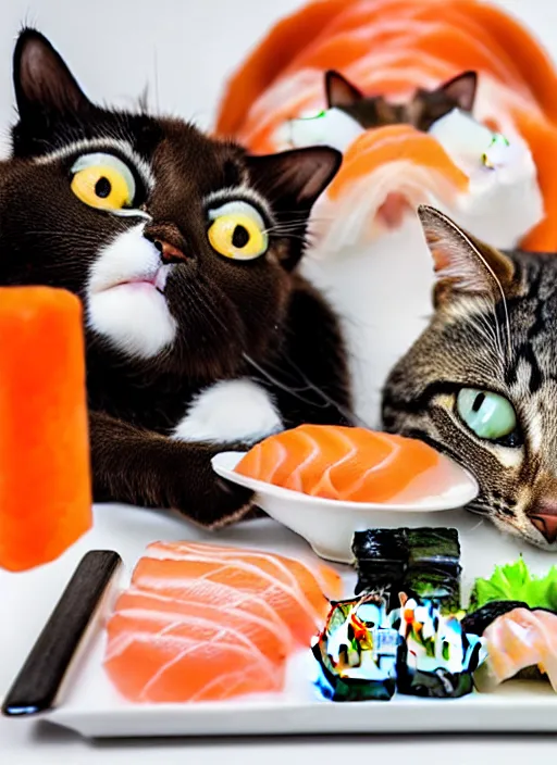 Image similar to clear photorealistic picture of adorable cats eating sushi made out of sushi