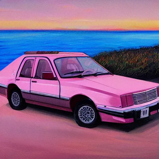 Image similar to an old 1 9 8 0 s car parked off the road, sunset, ocean in distance, pink, oil painting, pale colors, high detail, 8 k, wide angle, trending on artstation,