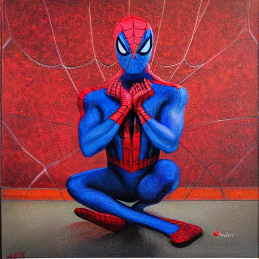 Image similar to spiderman, kneeling, praying, head lowered, portrait, oil, painting