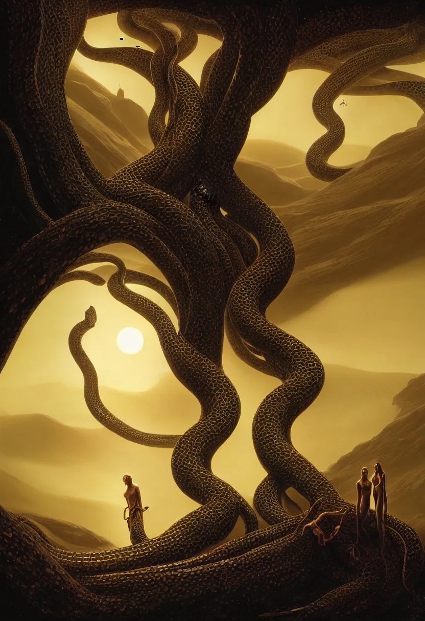 Image similar to a close up of Adam and Eve in Dune with the tree of life, the snake is surrounding them, beautiful dramatic moody lighting, cinematic atmosphere, high detail, 8k, ornate, dark fantasy, masterpiece, complex, a tropical garden world by Ralph McQuarrie| sparth:.2 | Tim white:.4 | Rodney Mathews:.2 | Graphic Novel, Visual Novel, Colored Pencil, Comic Book:.2