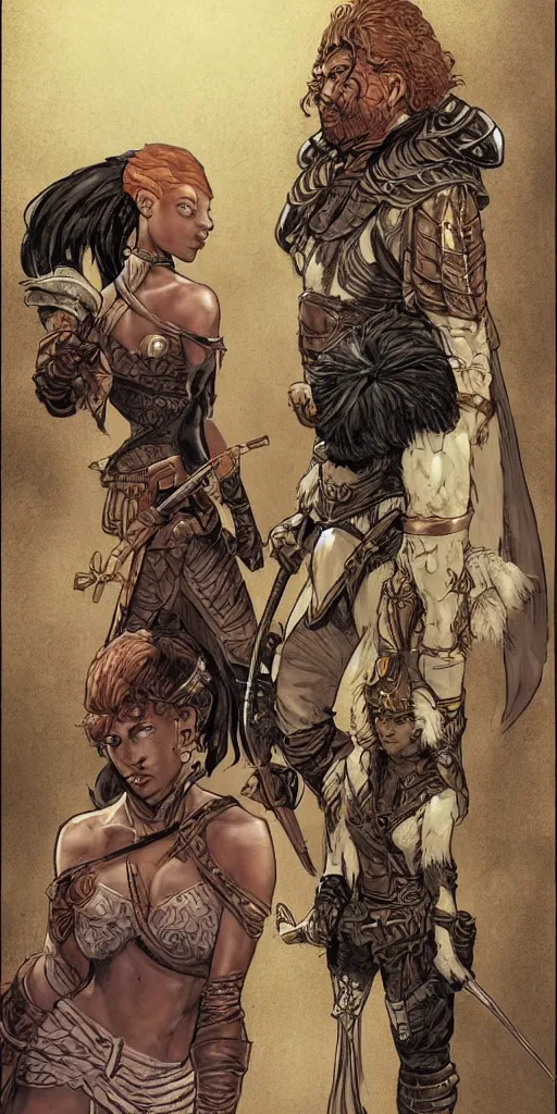 Image similar to female thief and a large young male warrior, and a young female african warrior, d & d, fantasy, portrait, in travis charest style