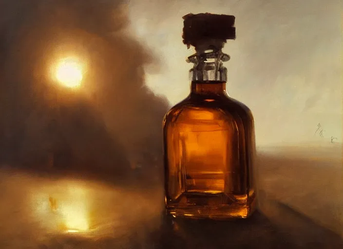 Image similar to oil painting of whiskey bottle, art by anders zorn, wonderful masterpiece by greg rutkowski, beautiful cinematic light, american romanticism by greg manchess, reflections in copper, sunlight, dust and steam