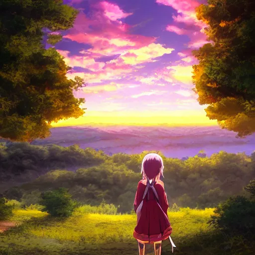 Prompt: anime teen in renaissance dress looks to beautiful horizon, rock, trees, sunset, polaroid, 4k, 8k, hd, high-detailed, artstation trending, award winning