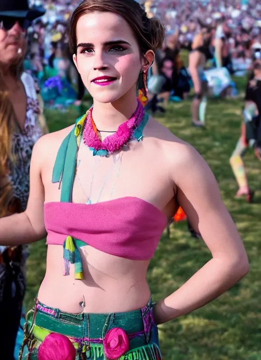 Prompt: Retro color photography portrait of Emma Watson at Cochella 2019