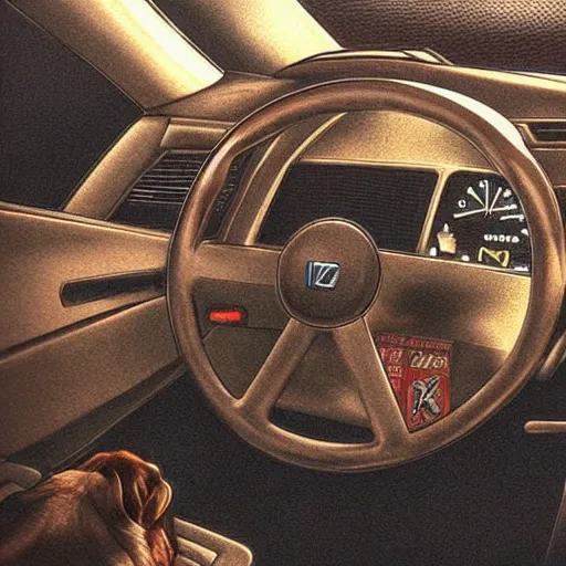 Image similar to pug dog driving a Nissan 300zx, Hayao Miyazaki, intricate detail, illustration, beautiful lighting,