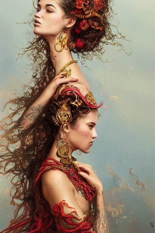 Image similar to an epic painting of a 1 9 years old girl figure on vacation, curly messy high bun hairstyle, whimsically designed oriental tattoos, subject wearing a gold and ruby alexander mcqueen medieval gown, flowing, ornate, beautiful, forbidden beauty, dramatic earth colors, with few fire red highlights, by jeremy mann and greg rutkowski, trending on artstation, oil on canvas