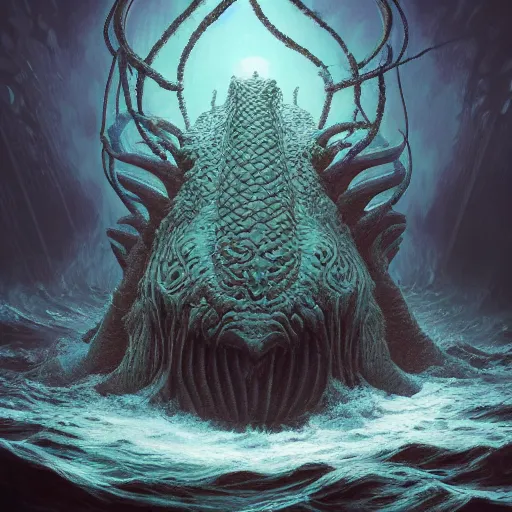 Image similar to sea beast of the depths in the style of michael whelan and h. p. lovecraft. hyperdetailed photorealism by greg rutkowski. 1 0 8 megapixels, 3 d finalrender, cinematic lighting.