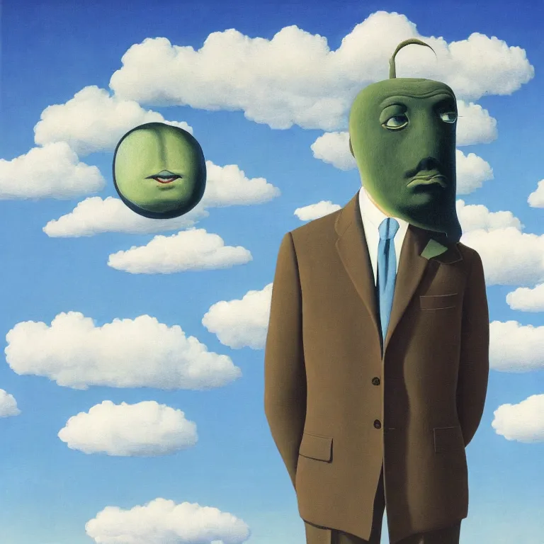 Image similar to portrait of a faceless fish - head man in a suit, clouds in the background, by rene magritte, detailed painting, distance, centered, hd, hq, high resolution, high detail, 4 k, 8 k