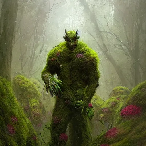 Image similar to a beautiful humanoid monster made out of moss and flowers. ethereal fantasy art by greg rutkowski