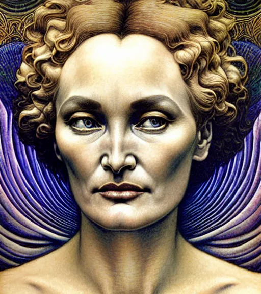 Image similar to detailed realistic beautiful jessica lange as queen of jupiter face portrait by jean delville, gustave dore and marco mazzoni, art nouveau, symbolist, visionary, gothic, pre - raphaelite. horizontal symmetry by zdzisław beksinski, iris van herpen, raymond swanland and alphonse mucha. highly detailed, hyper - real, beautiful