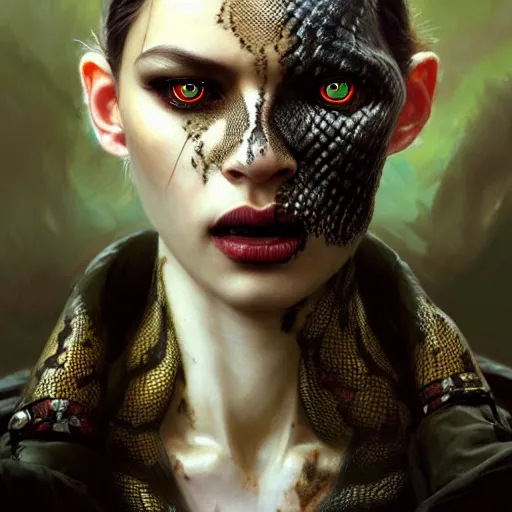Image similar to portrait painting of a vampire with snake skin and three eyes wearing vietnam fatigues, ultra realistic, concept art, intricate details, eerie, highly detailed, photorealistic, octane render, 8 k, unreal engine. art by artgerm and greg rutkowski and charlie bowater and magali villeneuve and alphonse mucha