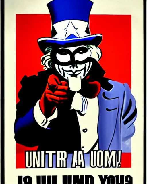 Prompt: anonymous as uncle sam propaganda poster art in the year 1 9 8 7, ultra realistic concept art intricate detail