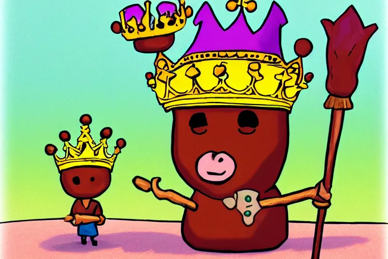 Image similar to cartoon pinto bean holding a staff, wearing kings crown, digital art,