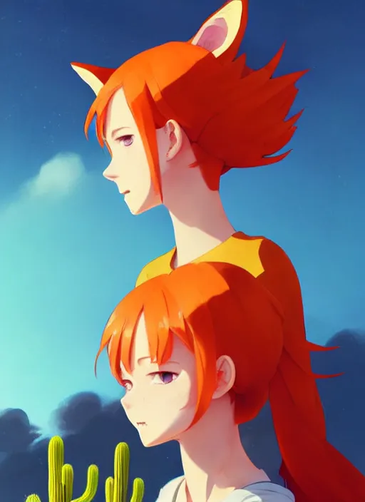 Image similar to portrait of cute redhead girl in orange jumpsuit with fox ears, holding a cactus, cloudy sky background lush landscape illustration concept art anime key visual trending pixiv fanbox by wlop and greg rutkowski and makoto shinkai and studio ghibli