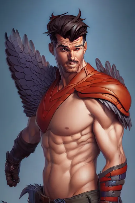 Image similar to character art by wlop, steve henderson, and j scott campbell, gooseman, male hero, goose head, wings, 4 k, arstation, trending, high quality, very detailed, digital