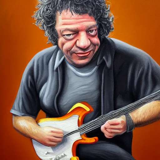 Prompt: Caricature portraits done of Dean Ween playing a guitar live on stage, realistic, hyperrealistic, very realistic, highly detailed, very detailed, extremely detailed, detailed, oil painting, digital art, trending on artstation