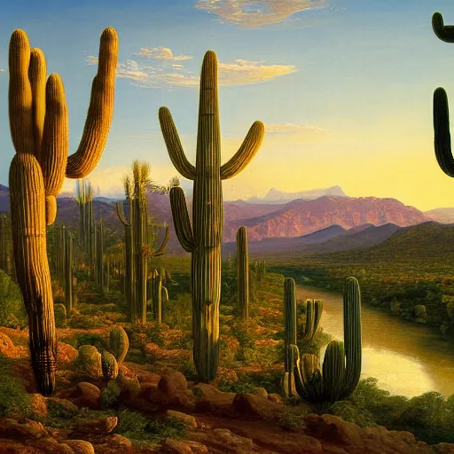 Image similar to A grand scale painting of a desert landscape with saguaro cacti and the Rio grande river, In the style of Thomas Cole, Ultra detailed, 4k resolution,