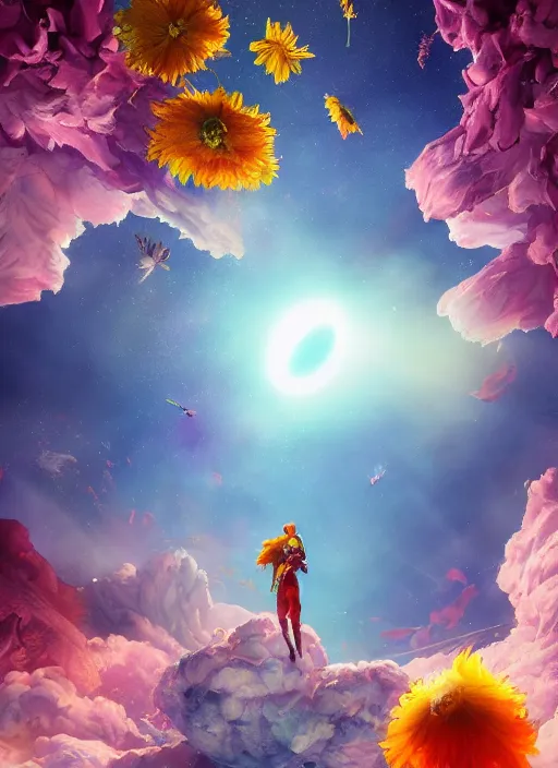 Image similar to An epic fantastic realism comic book style painting of the most beautiful flowers launched into space, bouquets, solar eclipse, fisheye, unreal 5, DAZ, hyperrealistic, octane render, dynamic lighting