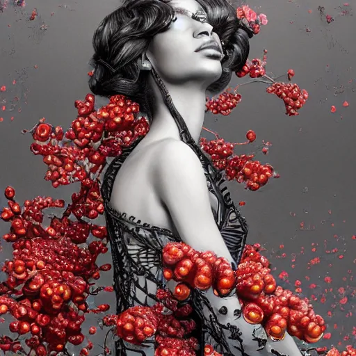 Image similar to the professional photoshoot of an absurdly beautiful, graceful, elegant, sophisticated, fashionable young black model made of strawberries and white petals, an ultrafine hyperdetailed illustration by kim jung gi, irakli nadar, intricate linework, bright colors, octopath traveler, final fantasy, unreal engine 5 highly rendered, global illumination, radiant light, detailed and intricate environment