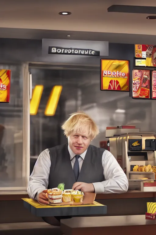 Prompt: intricate color photo of boris johnson, working in mcdonalds serving a customer, 8 k octane beautifully detailed render