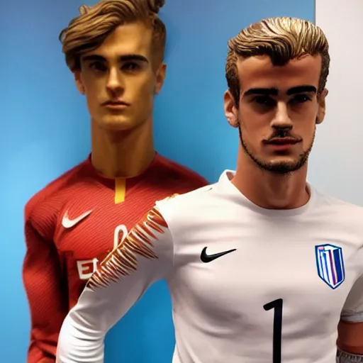 Image similar to a realistic detailed photo of a guy who is an attractive humanoid who is half robot and half humanoid, who is a male android, soccer player antoine griezmann, shiny skin, posing like a statue, blank stare, in a living room, on display, showing off his muscles