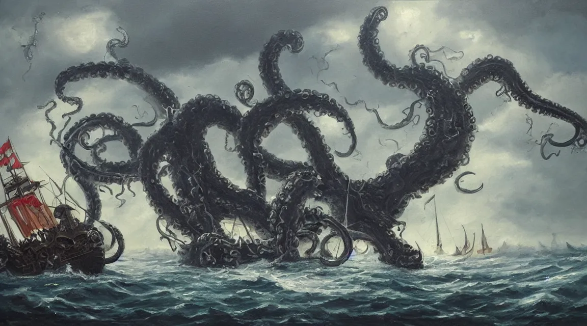 Image similar to oil painting of a kraken attacking a pirate ship