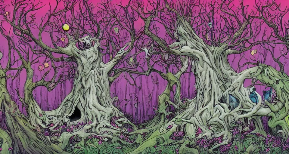 Image similar to Enchanted and magic forest, by alex pardee