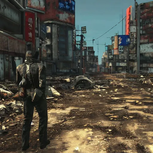 Image similar to Tokyo in ruins post-nuclear war in Fallout 4, in game screenshot