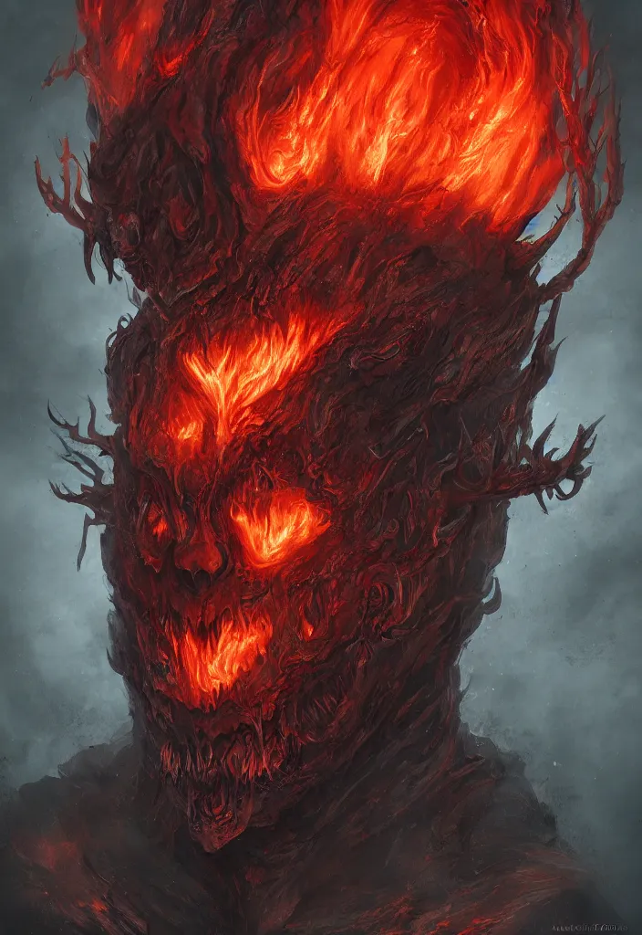Image similar to a portrait of a gigantic meduss as a demon in a fiery hell, eerie, dark, magical, fantasy, trending on artstation, digital art.